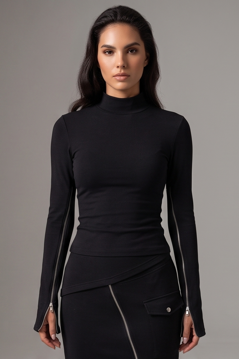 A woman modeling a fitted black long-sleeve mock neck top with silver zipper details running down the sleeves and at the hem, paired with a matching black skirt, against a solid gray studio background.