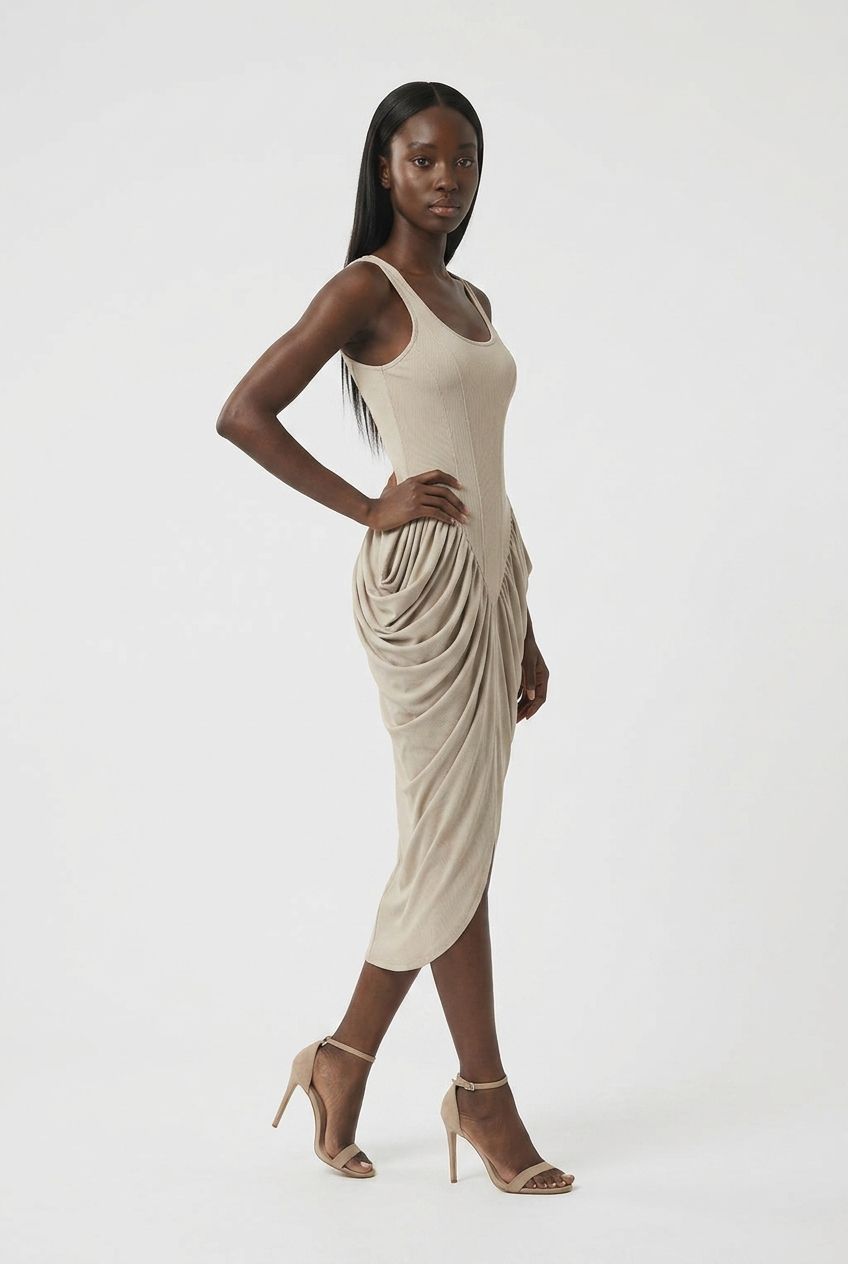 A model wearing a sleeveless, draped midi dress in a light beige color, paired with beige high-heeled sandals, posed against a solid white studio background.