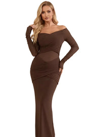 Off-Shoulder Ruched Mesh Maxi Dress