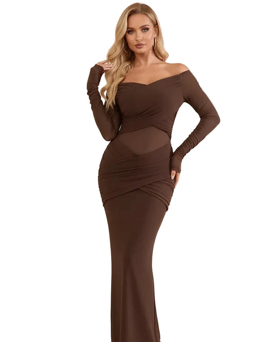 Model wearing brown off-shoulder ruched mesh long sleeve maxi dress