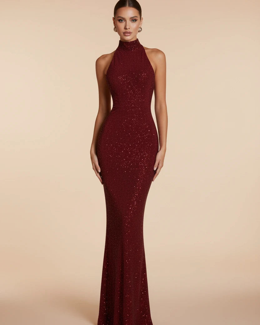 Seraphina high-neck sequin evening gown Burgundy full length