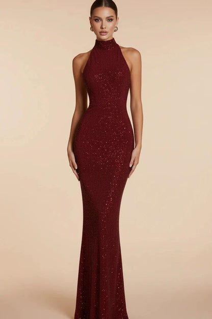 Seraphina high-neck sequin evening gown Burgundy full length