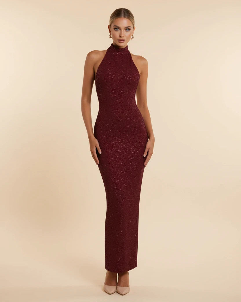 Seraphina high-neck sequin evening gown Burgundy full length
