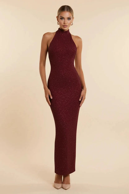 Seraphina high-neck sequin evening gown Burgundy full length