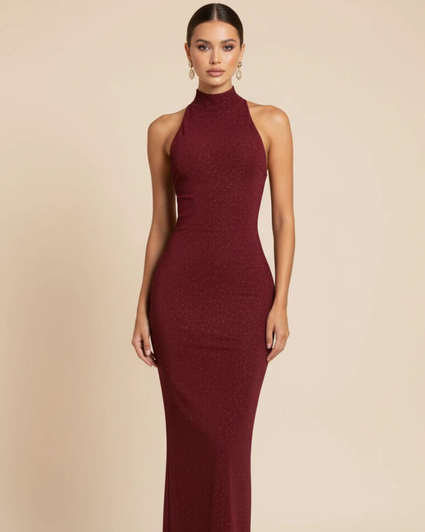 Seraphina high-neck sequin evening gown Burgundy full length