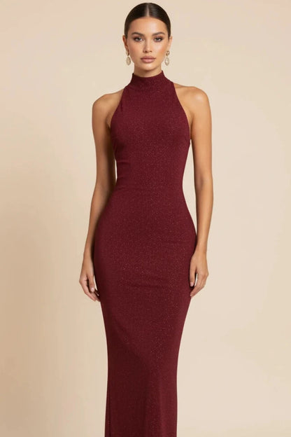 Seraphina high-neck sequin evening gown Burgundy full length