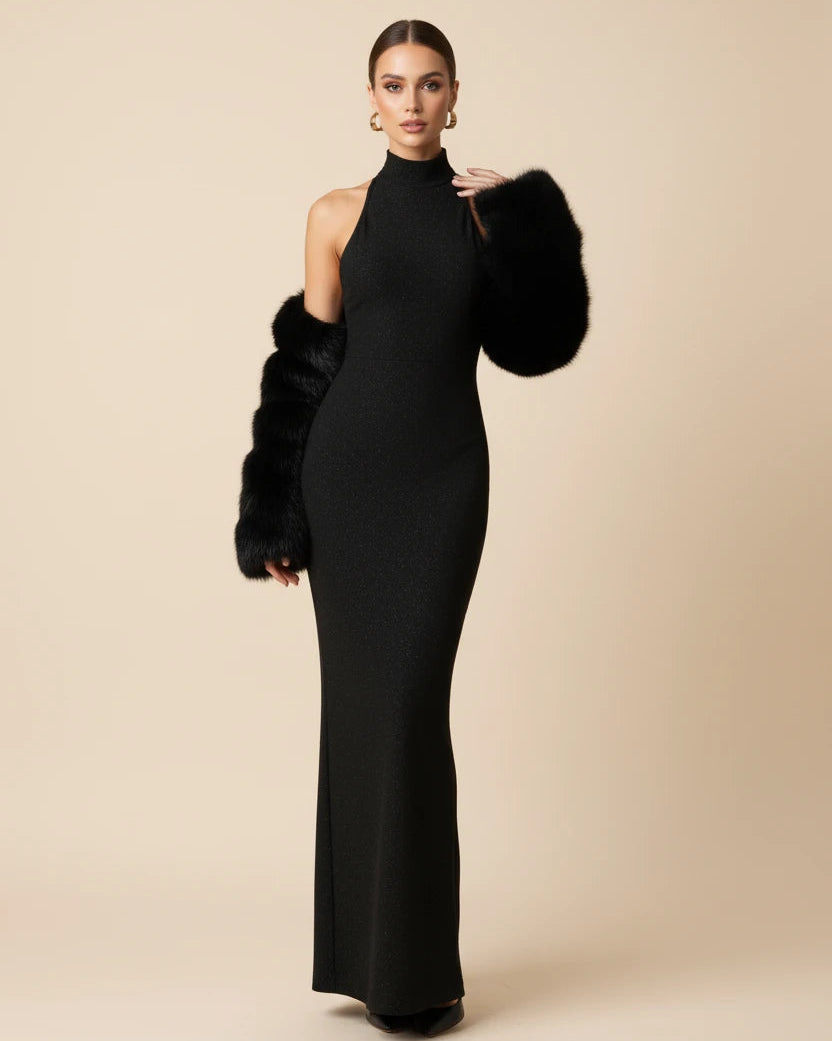 Seraphina high-neck sequin gown in black color 
