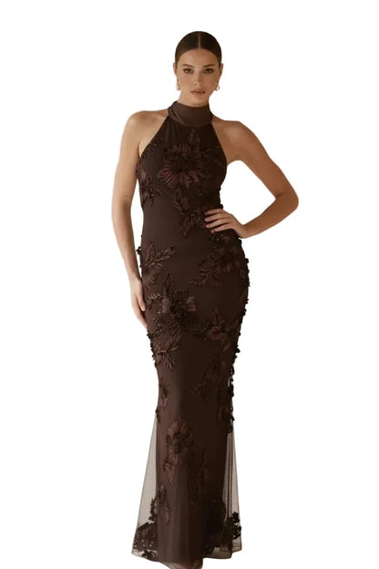 Valencia floral appliqué halter gown full length