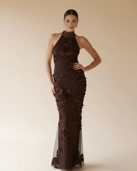 Valencia floral appliqué halter gown full length