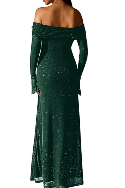 dark green Valentina glitter evening gown backview
