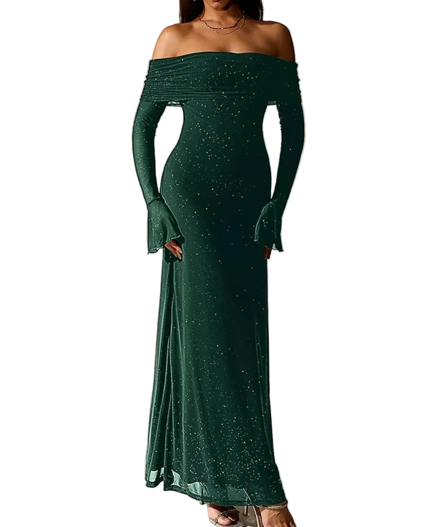 Valentina glitter evening gown side view dark green