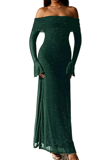 Valentina glitter evening gown side view dark green