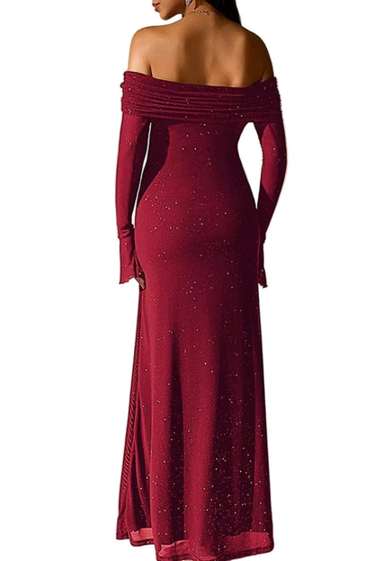 Valentina off-shoulder glitter evening gown- back view