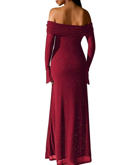 Valentina off-shoulder glitter evening gown- back view