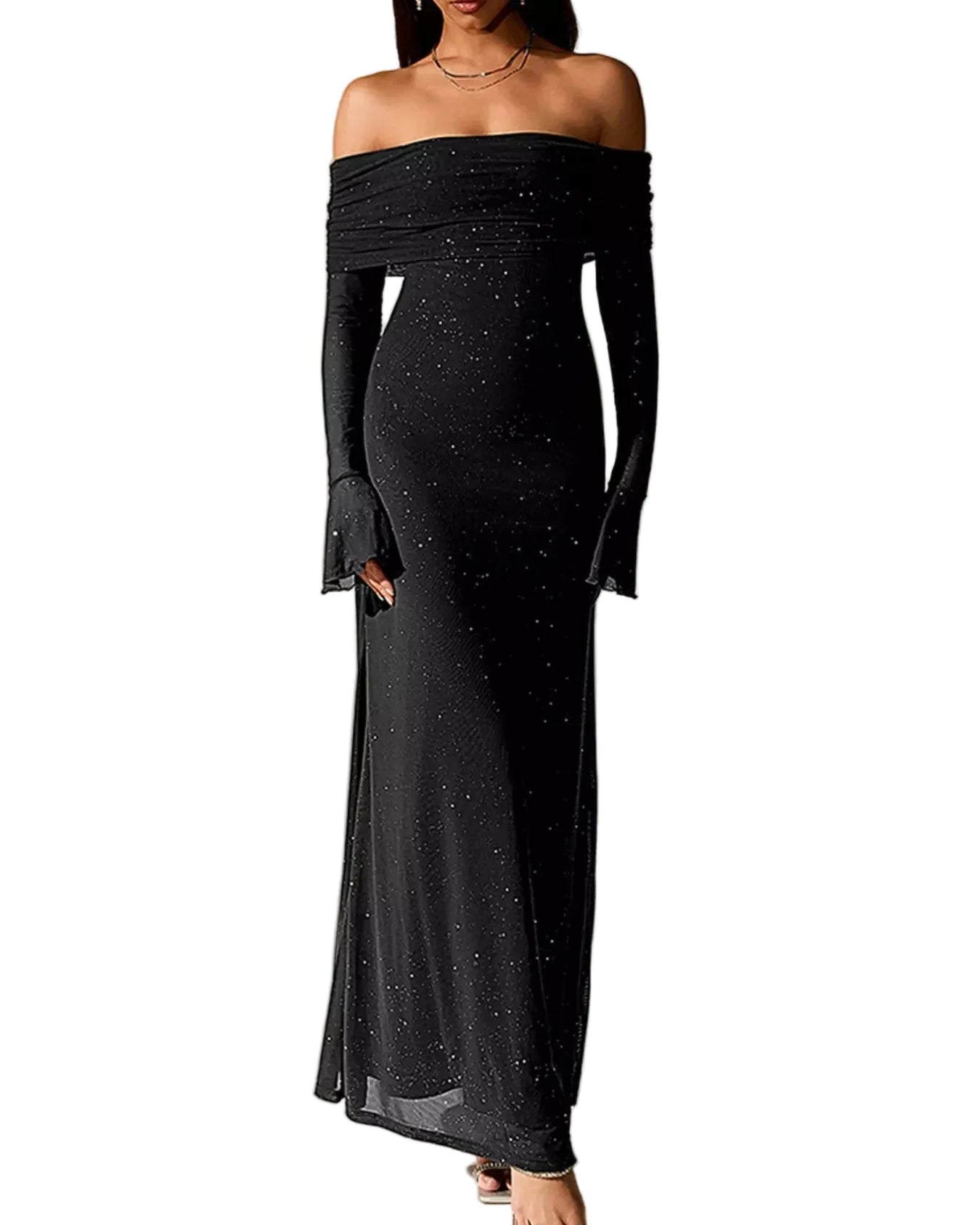 Valentina off-shoulder glitter evening gown- black color