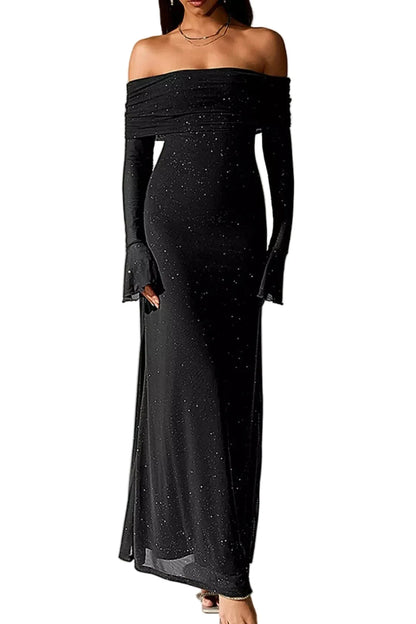 Valentina off-shoulder glitter evening gown- black color