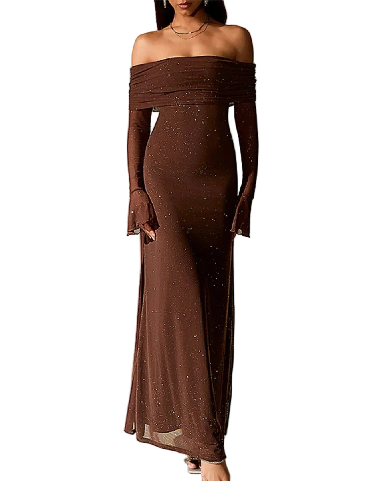 Valentina off-shoulder glitter evening gown- dark brown