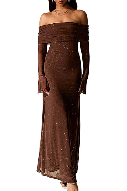 Valentina off-shoulder glitter evening gown- dark brown