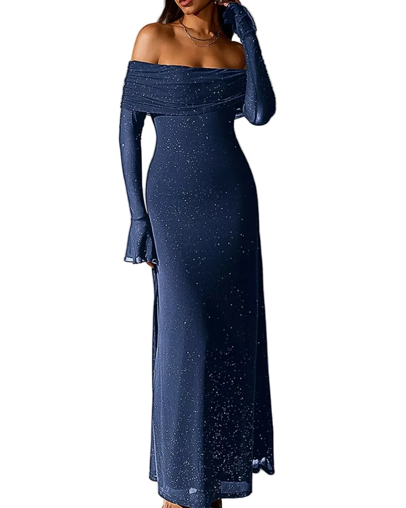 Valentina off-shoulder glitter evening gown, navy blue
