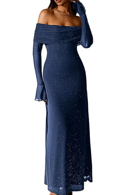 Valentina off-shoulder glitter evening gown, navy blue