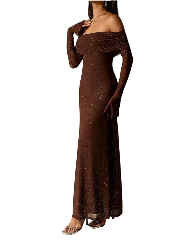 Valentina off-shoulder glitter evening gown side view