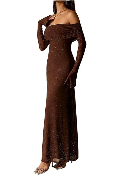 Valentina off-shoulder glitter evening gown side view