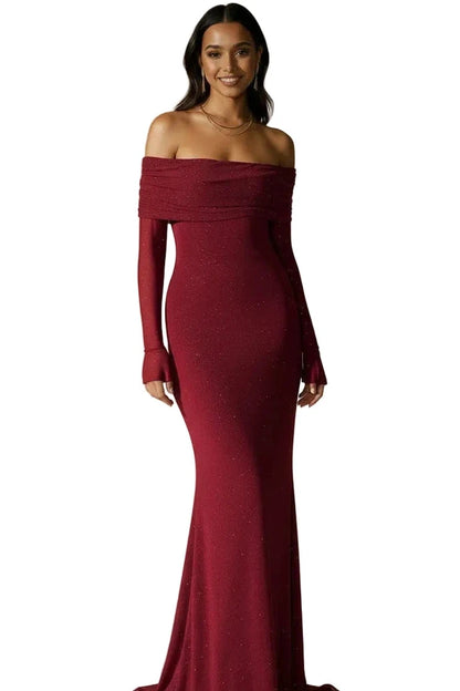 Red Valentina off-shoulder glitter evening gown