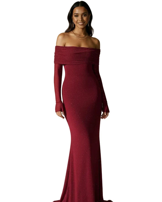 Red Valentina off-shoulder glitter evening gown