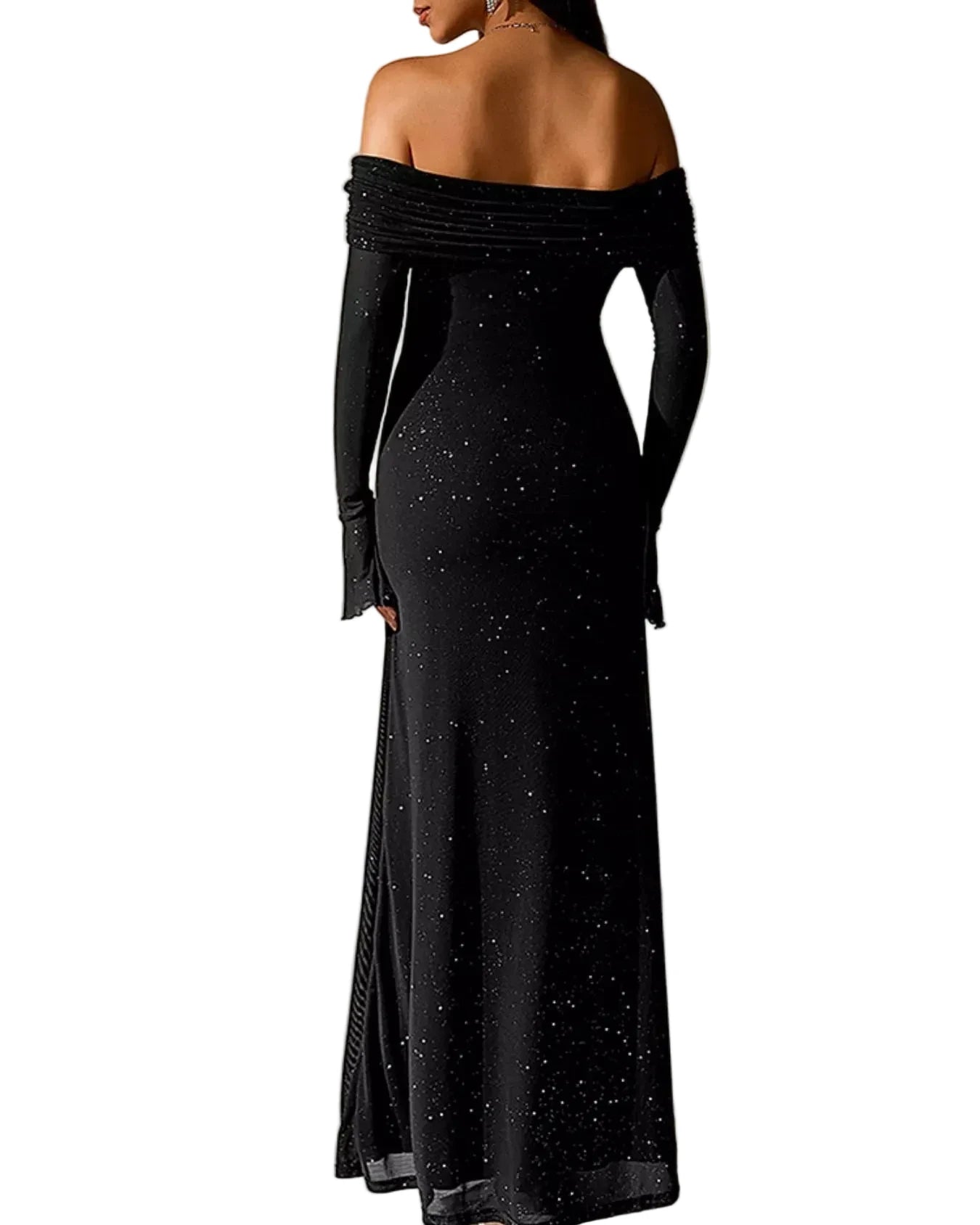 Valentina off-shoulder glitter evening gown- black color, back view