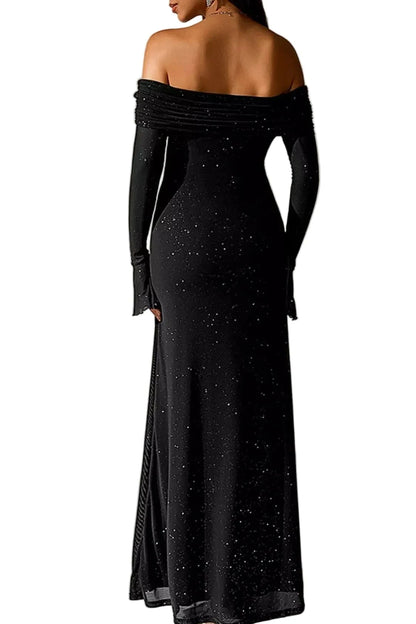 Valentina off-shoulder glitter evening gown- black color, back view