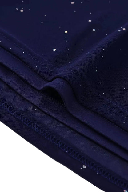 Valentina off-shoulder glitter evening gown navy blue close up  fabric