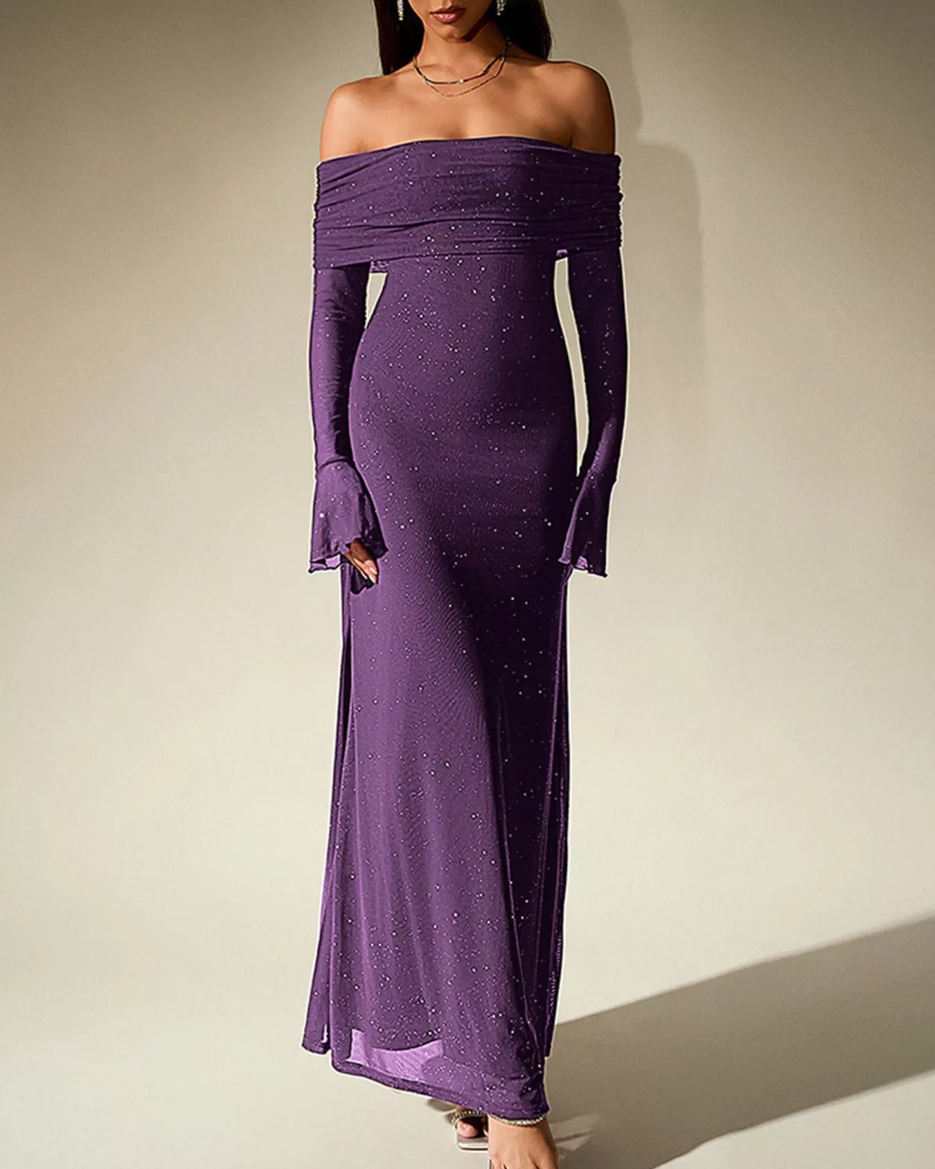 Valentina off-shoulder glitter evening gown purple colour