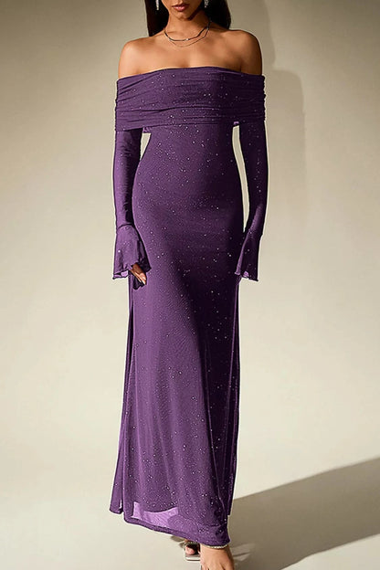 Valentina off-shoulder glitter evening gown purple colour