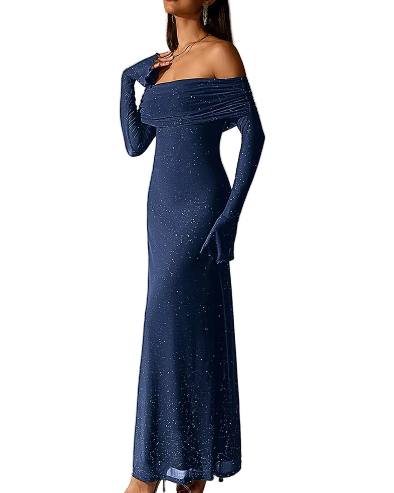 Valentina off-shoulder glitter evening gown navy blue side view