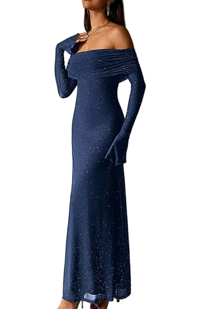 Valentina off-shoulder glitter evening gown navy blue side view