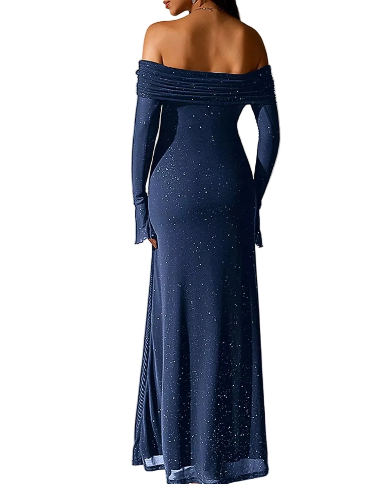 Valentina off-shoulder glitter evening gown navy blue back view