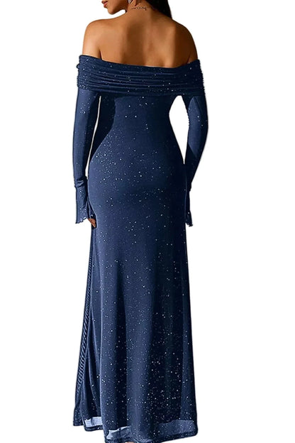 Valentina off-shoulder glitter evening gown navy blue back view