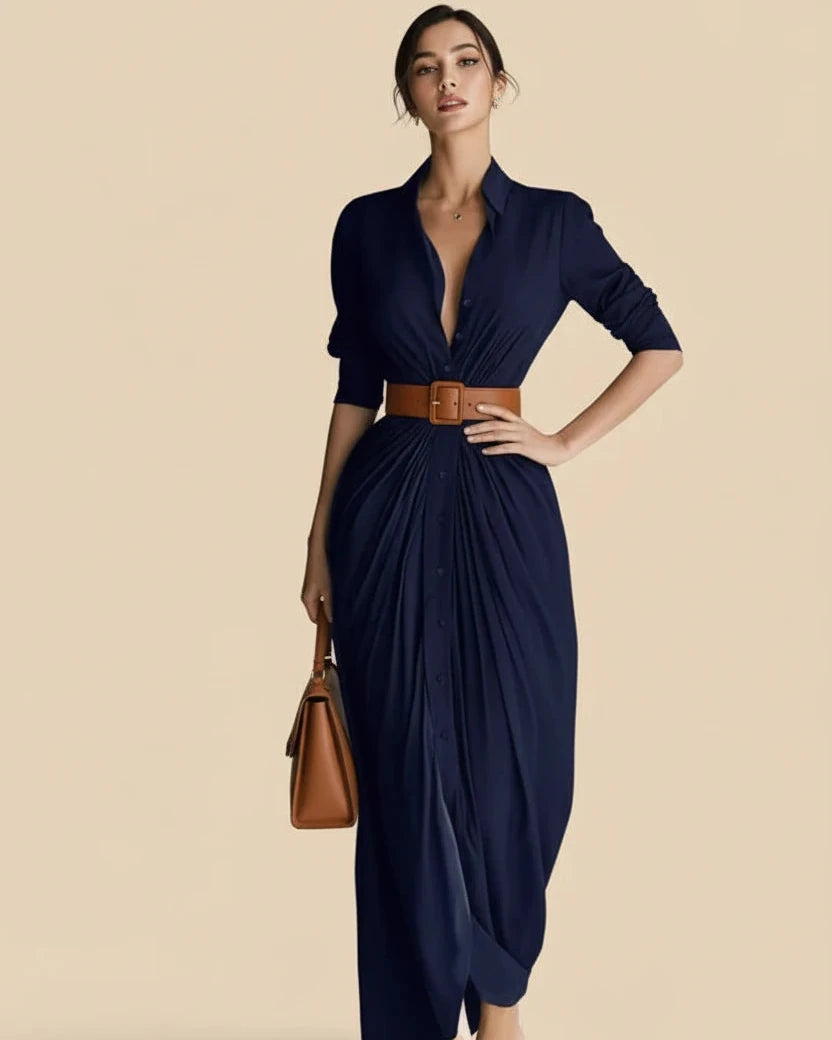 Ruched Button-Front Shirt Maxi Dress