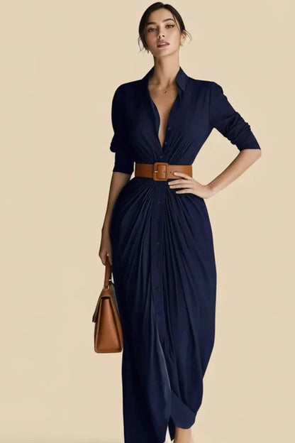 Ruched Button-Front Shirt Maxi Dress