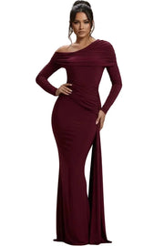Bordeaux One-Shoulder Ruched Maxi Dress