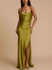 Satin Cowl Neck Slit Maxi Dress
