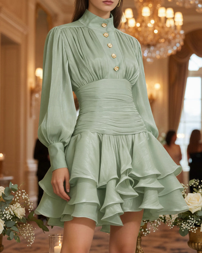 Ruffled Layered Lantern Sleeve Mini Dress
