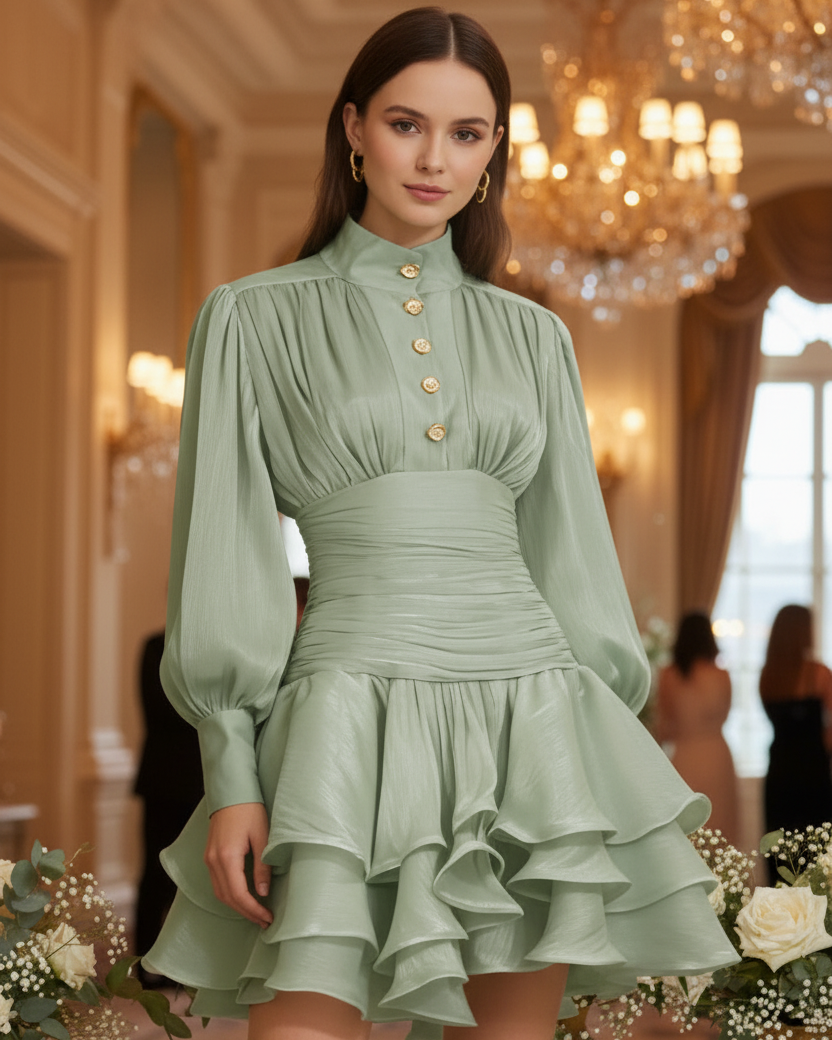Ruffled Layered Lantern Sleeve Mini Dress