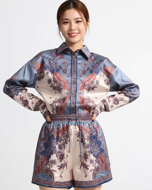 Printed long sleeve shirt and shorts set