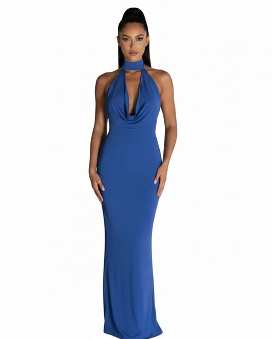 blue backless halter maxi dress with lace up back