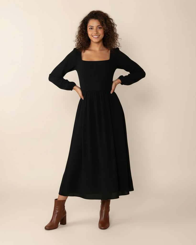 Woman wearing a black dress with a belt on a beige background