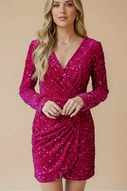 Deep Rose Sequin Ruched Mini Dress