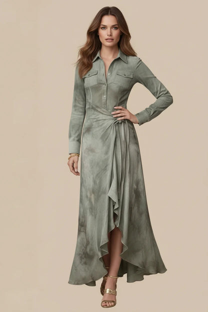 Sage Button-Front High-Low Maxi Dress