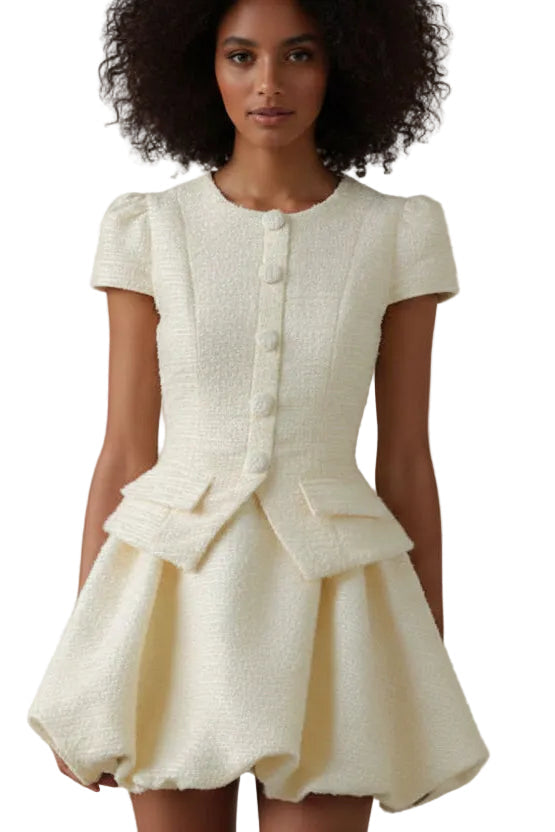 cream buttoned top and bubble hem skirt two piece set