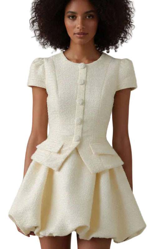cream buttoned top and bubble hem skirt two piece set